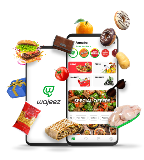 two phone screens featuring Wajeez app surrounded by a variety of foods, fresh groceries and different objects like a wallet