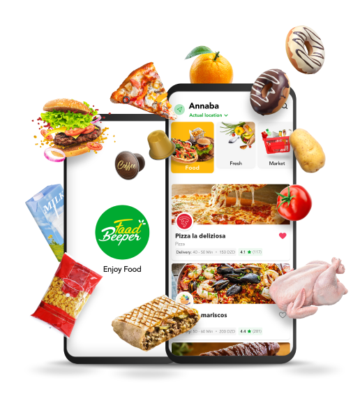 mobile phone displaying the Foodbeeper app interface, with a variety of delicious food and fresh groceries surrounding it, including burgers, pizza, donuts, fruits, vegetables, chicken, and dairy products